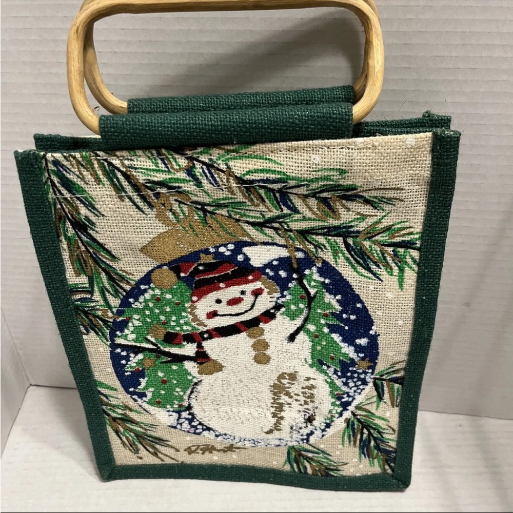 Jute Burlap Painted Wooden Handles Tote Bag Christmas Snowman Signed